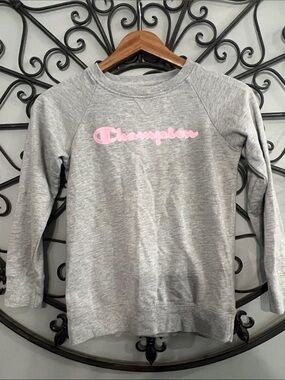 Champion Gray Kids Sweatshirt with Pink Script Logo